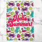 A bright and color garden flag that reads Hello Summer. Filled with crabs seashells, flip flops, and other summer items.