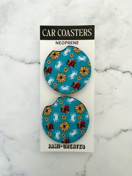 Turquoise Maryland Flower & Crab Car Coasters