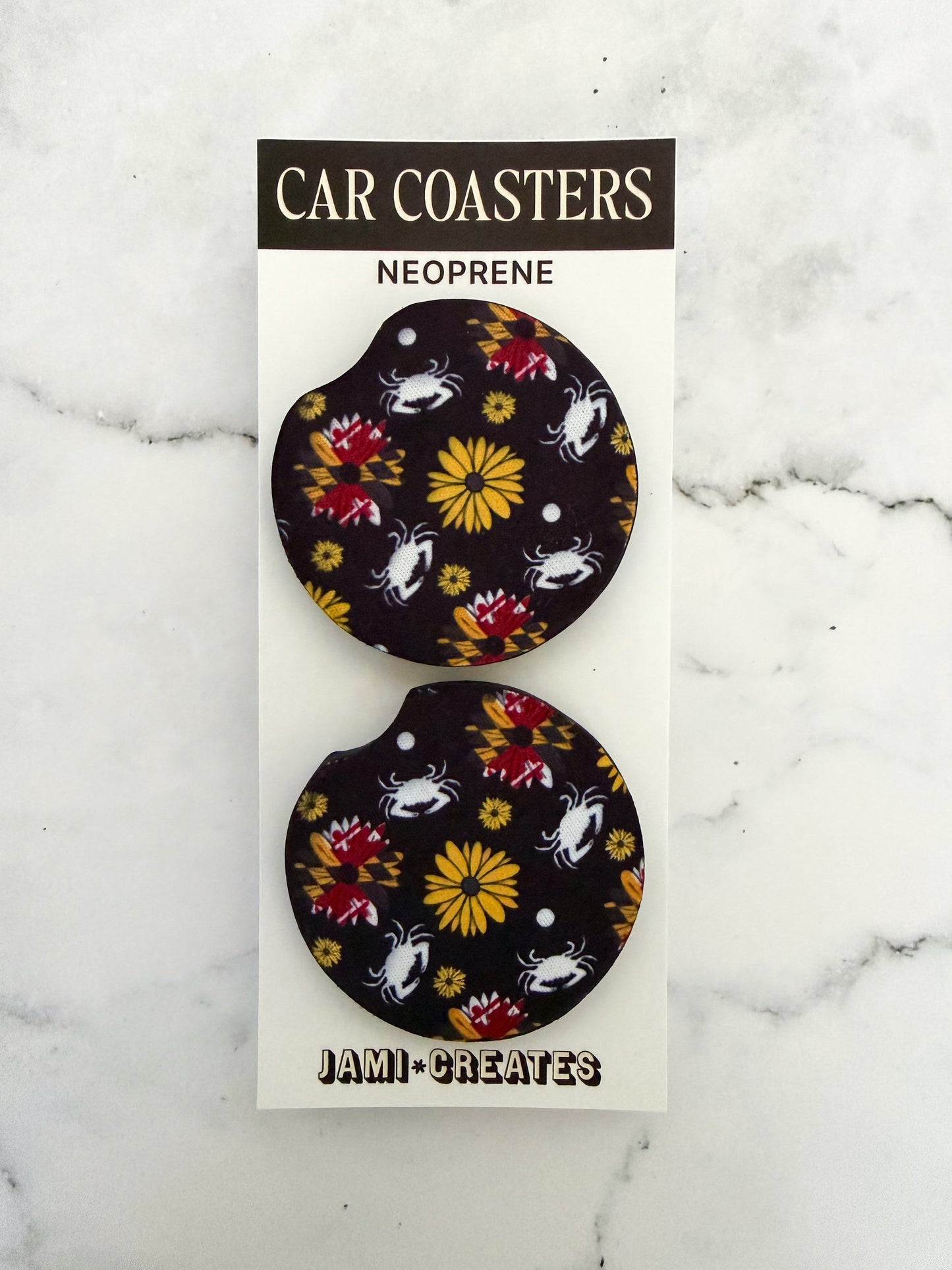 Black Maryland Flower & Crab Car Coasters