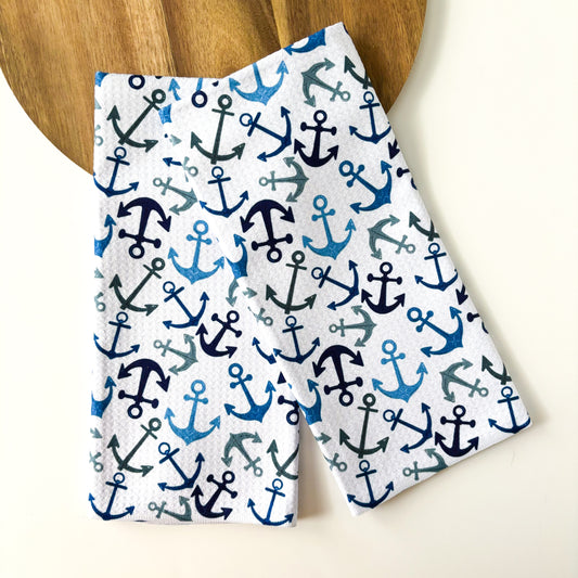 Navy Anchor Nautical Patterned Waffle Kitchen Dish Towel