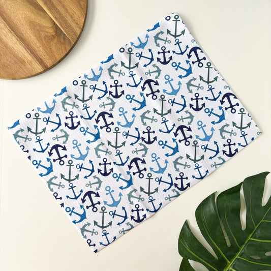 Navy Anchor Nautical Patterned Waffle Kitchen Dish Towel