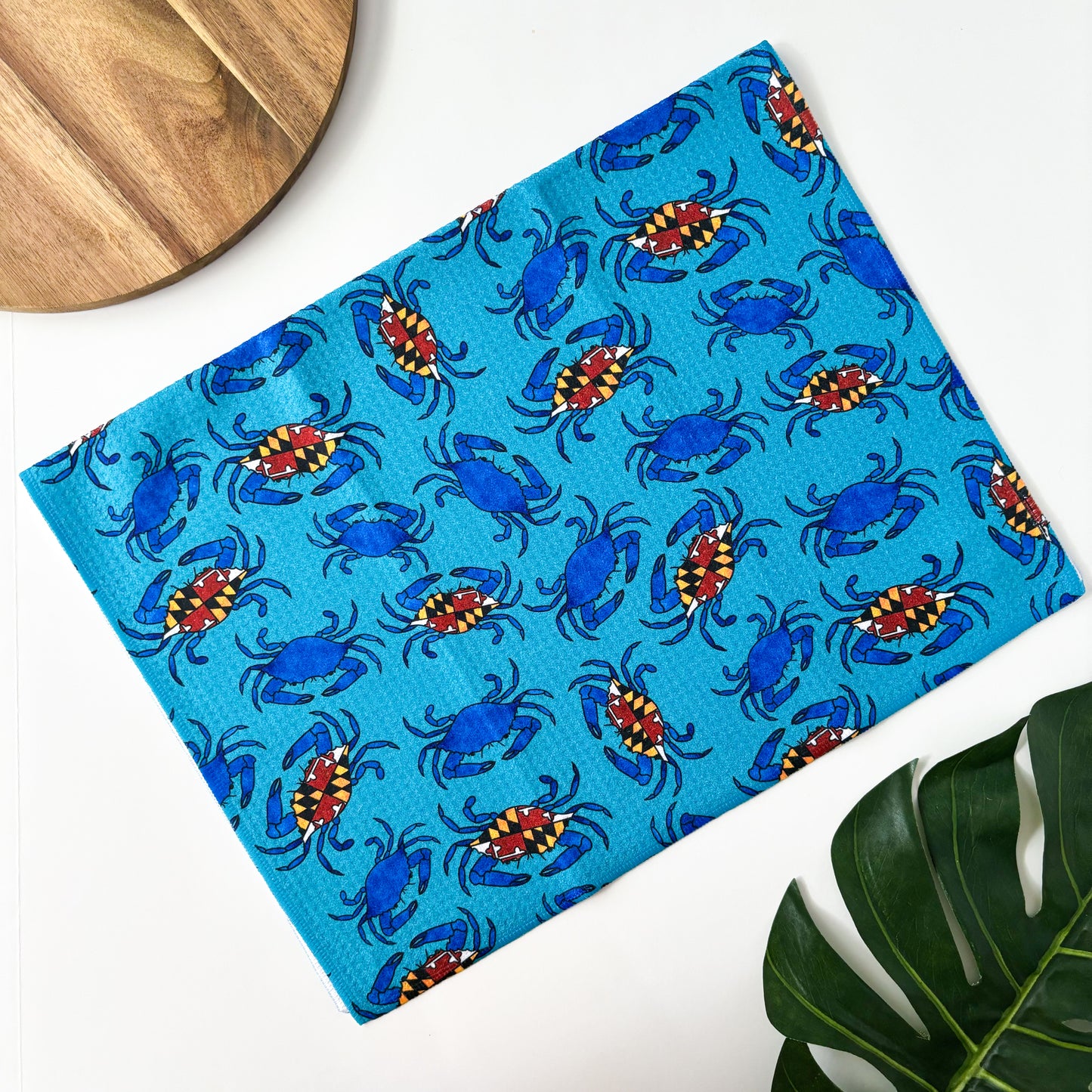 Turquoise Maryland Flag Crab Patterned Waffle Kitchen Dish Towel