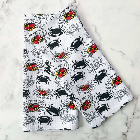 Maryland B&W Crab Patterned Waffle Kitchen Dish Towel