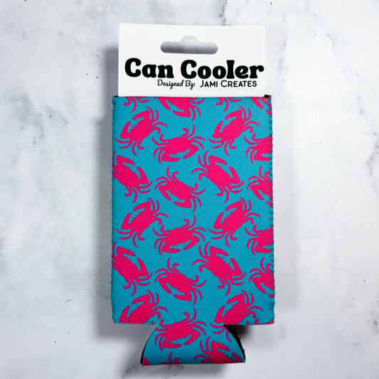 Turquoise and Pink Crab Skinny Can Cooler Koozie