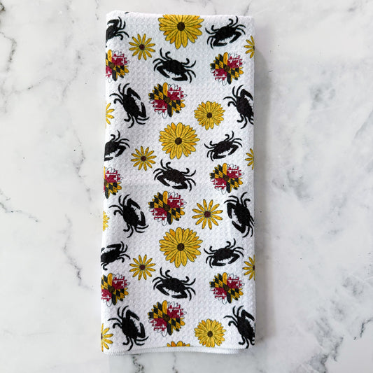 Maryland Flower & Crab Patterned Waffle Kitchen Dish Towel