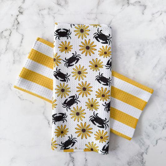 Black Eyed Susan Maryland Crab Double Sided Waffle Kitchen Dish Towel