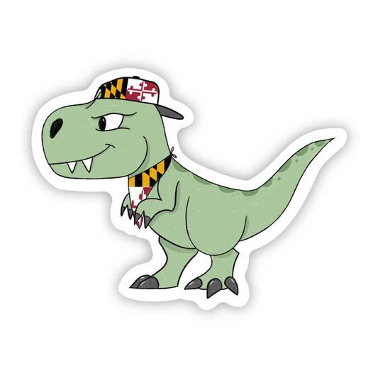 A green dinosaur wearing a Maryland flag hat and bandana.