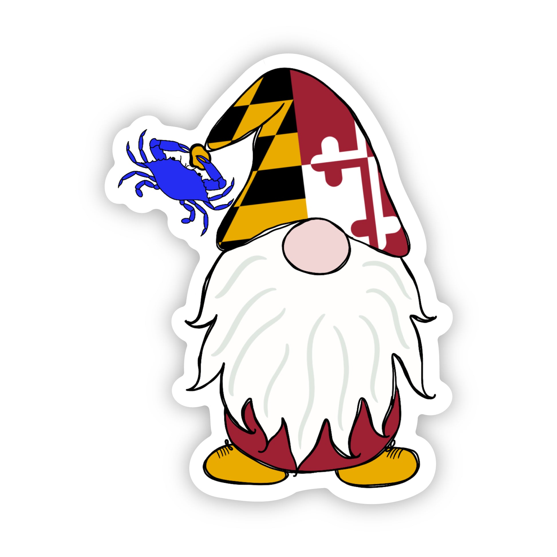 A gnome with a Maryland flag hat and blue crab hanging off.