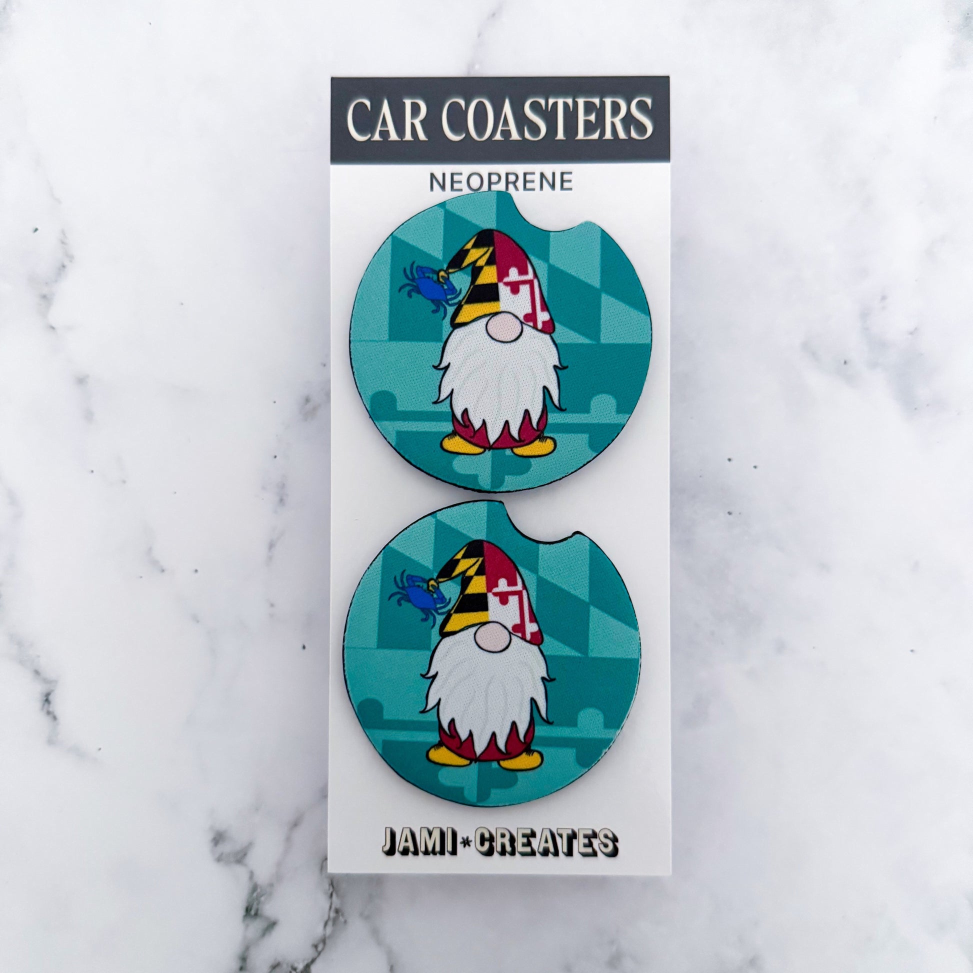Car coasters with maryland gnome design on a turquoise flag background