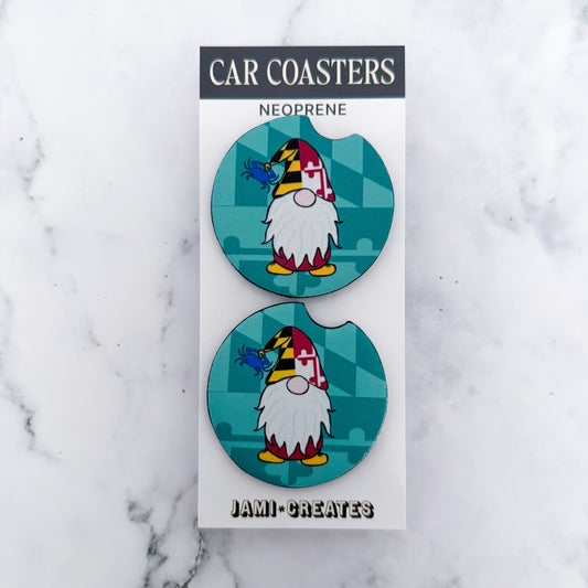 Car coasters with maryland gnome design on a turquoise flag background