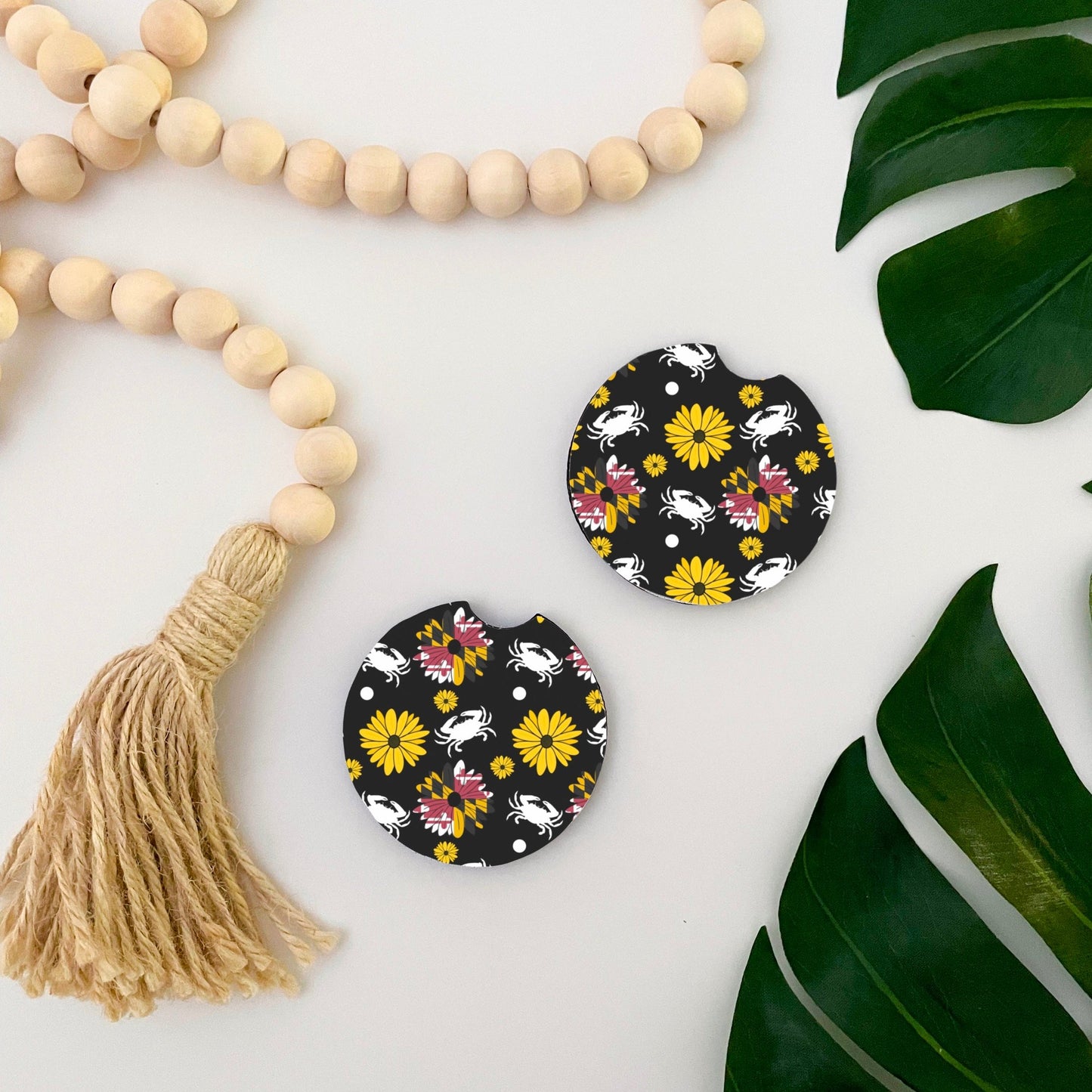 Black Maryland Flower & Crab Car Coasters