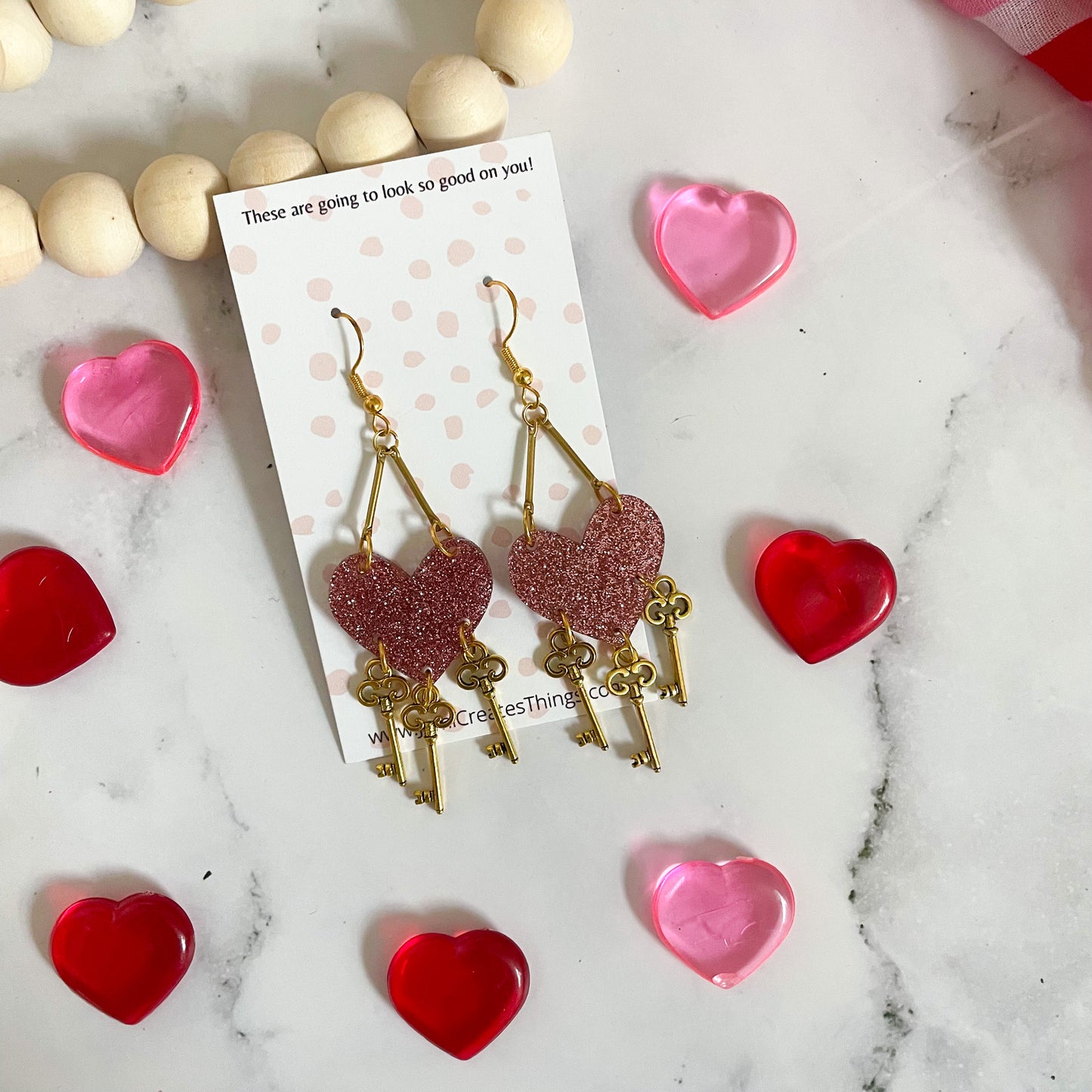 Pink Glitter Heart & Key Earrings (B2G1)
