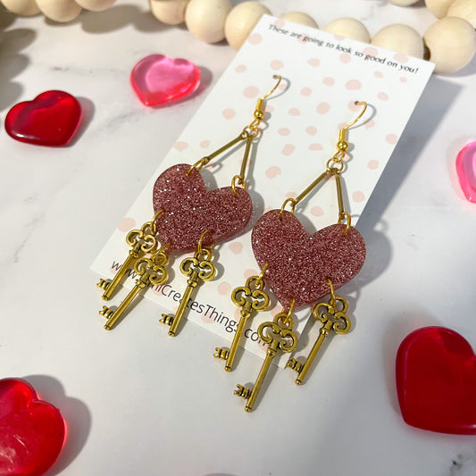 Pink Glitter Heart & Key Earrings (B2G1)