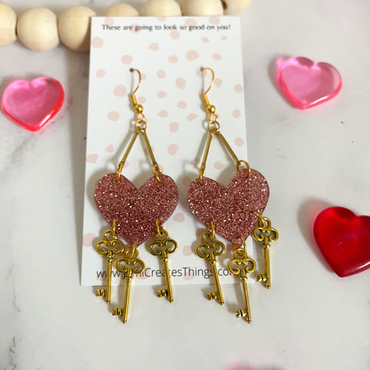 Pink Glitter Heart & Key Earrings (B2G1)