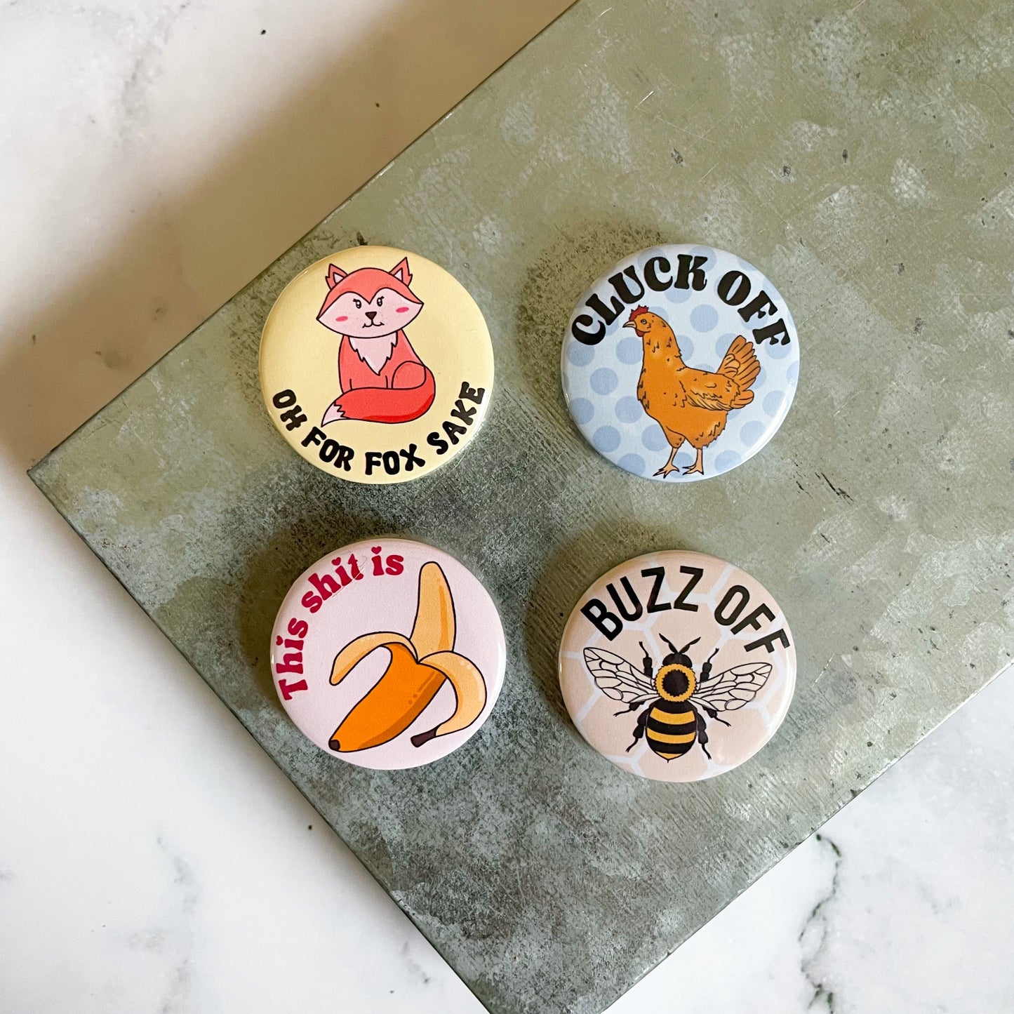 Buzz Off Bee Pun Button / Badge (Buy 4 Get 1 FREE)