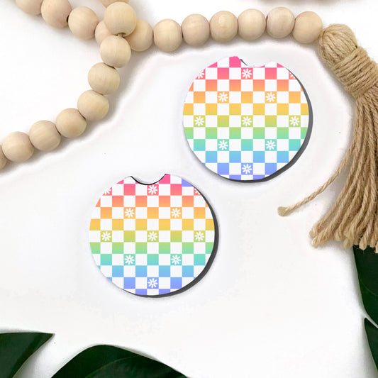 Rainbow Checkered Car Coasters